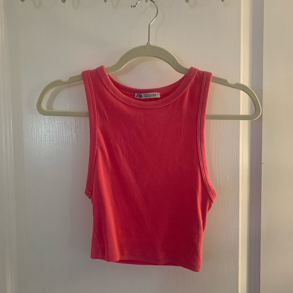 Zara high neck ribbed crop top in bright pink - small